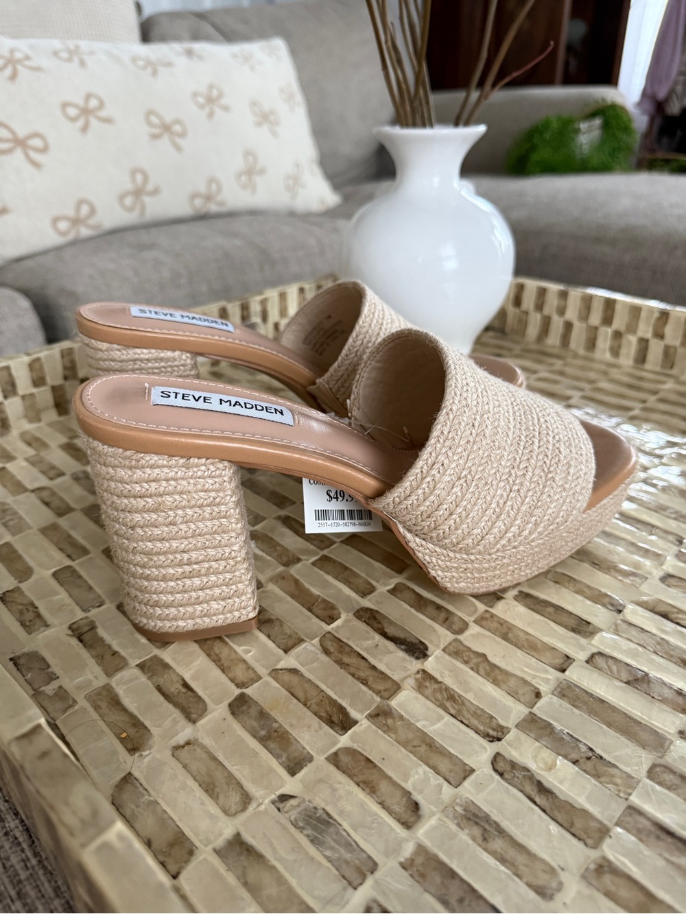 Steve Madden Size 7.5 Natural Raffia Platform Block Heel Slide Sandals NWT